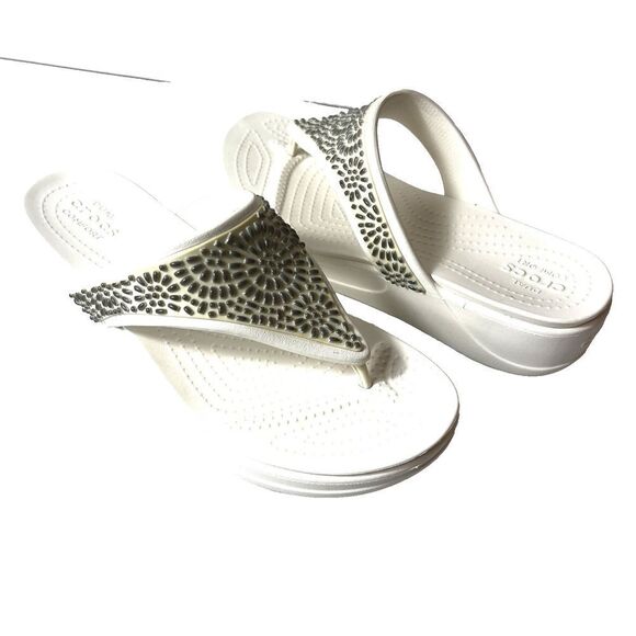 Crocs Dual Comfort Sandals Women's Sz 10 White Embellished Casual Thong Platform - Picture 3 of 8